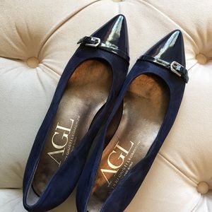 AGL Belted Block Heel Pumps Blue Shimmer